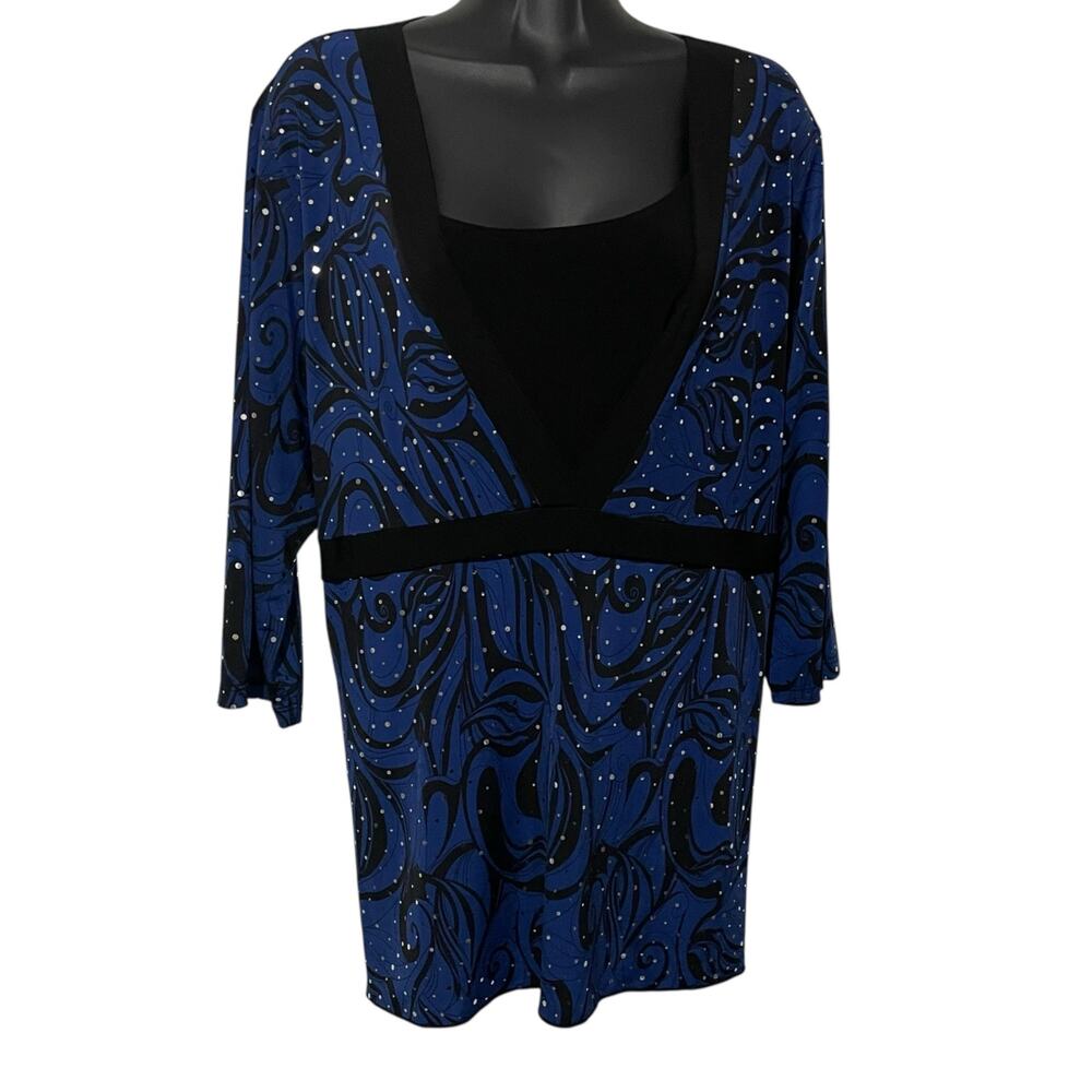 Lane Bryant Womens Blouse Size 18/20 Blue Black Silver Sparkle Tie Back Shirt